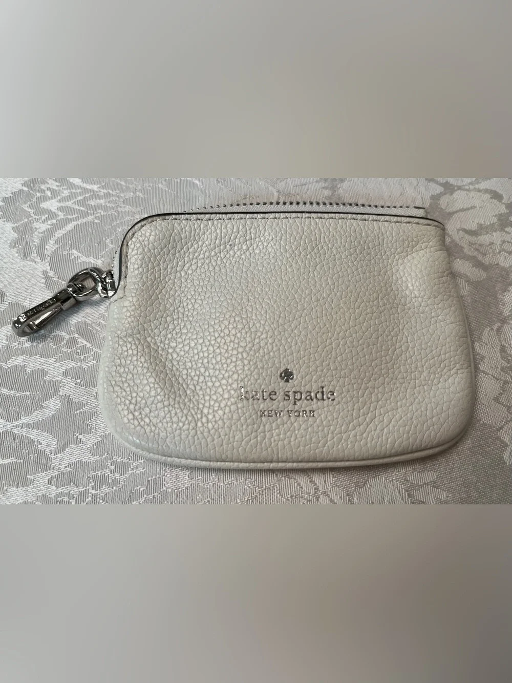 Kate Spade White Pebbled Leather Small Zip Pouch with Keychain